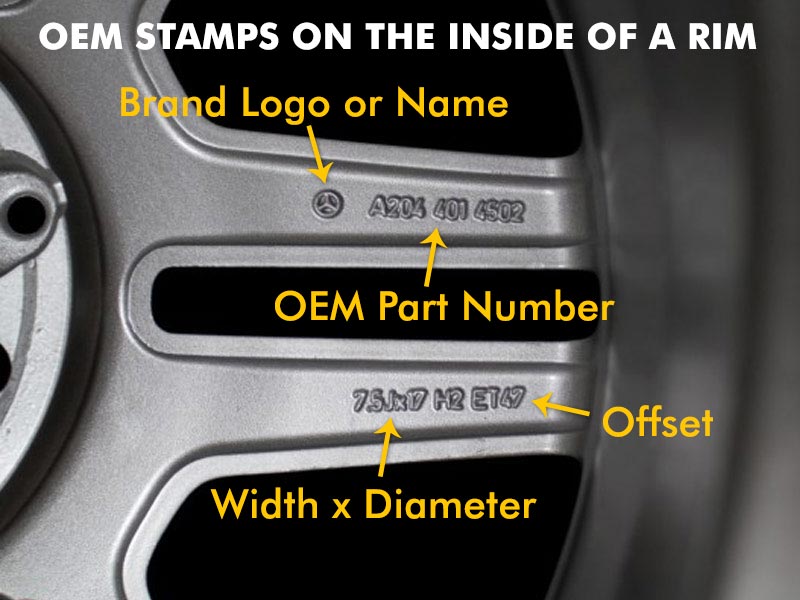 Close-up shot of OEM wheel part number and specs on the inside of a rim